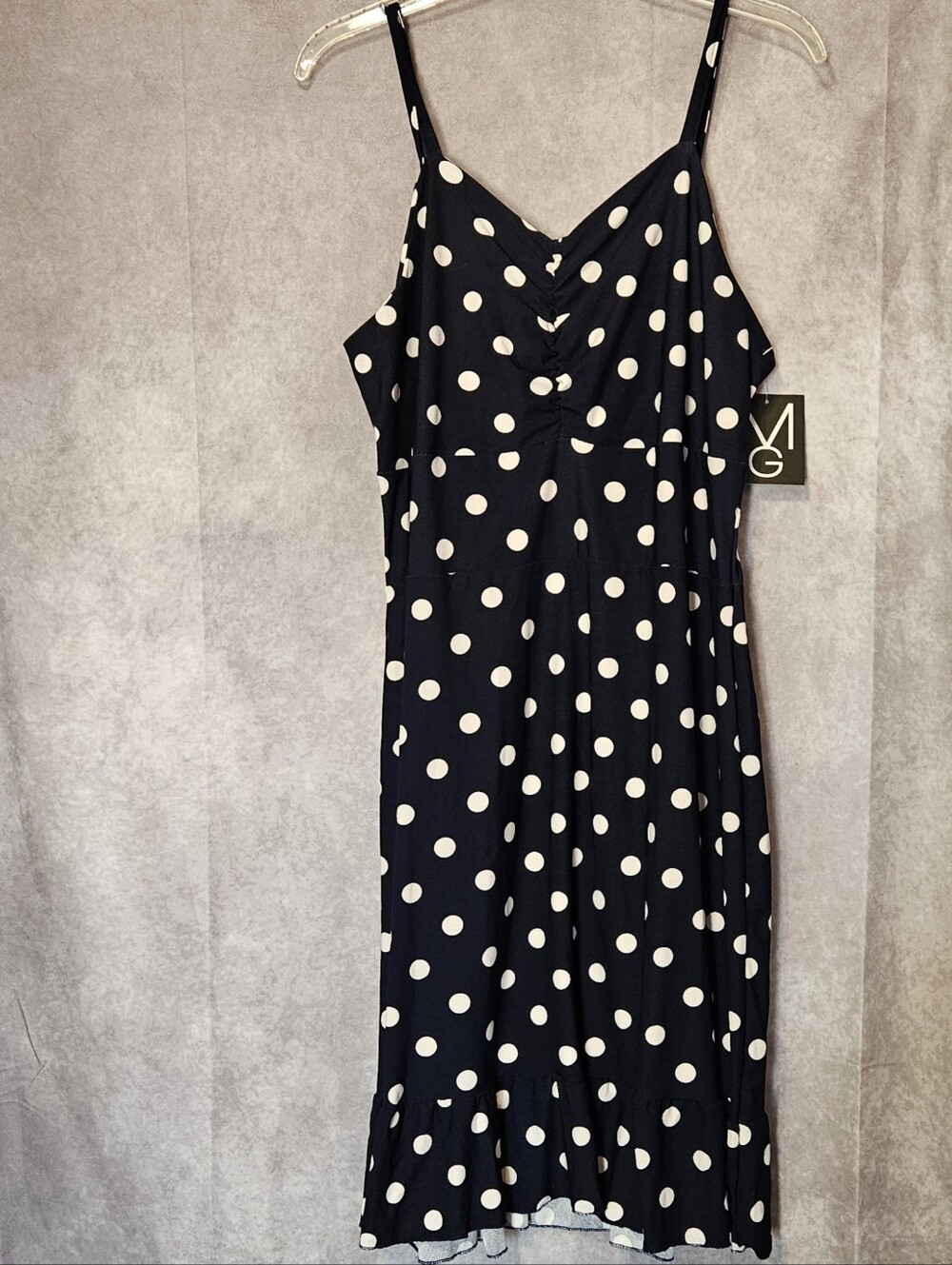 Mlle Gabrielle Dress NWT 1X Navy Blue Polka Dot Cami Spaghetti Strap Ruffle Hem